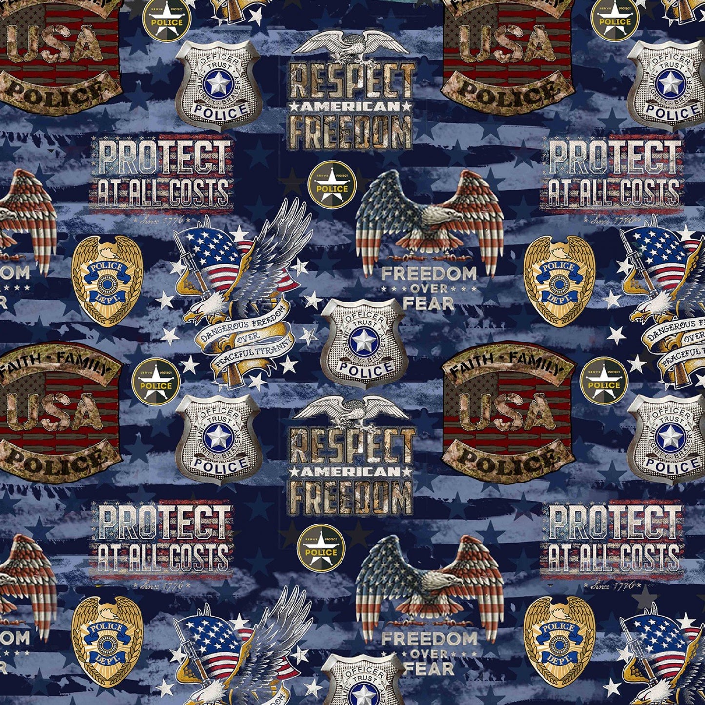 Police Camo USA Flag Allover Badge Eagle Sykel Cotton Fabric