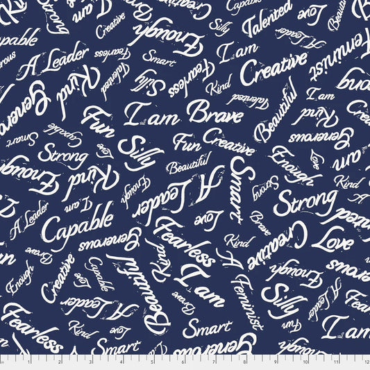 Enchanted I Am Tossed Words Text Indigo Blue Valori Wells Free Spirit Cotton Fabric