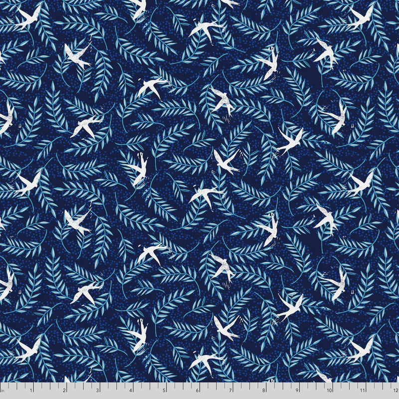 Enchanted Tossed Doves and Leaves Tonal Indigo Blue Valori Wells Free Spirit Cotton Fabric