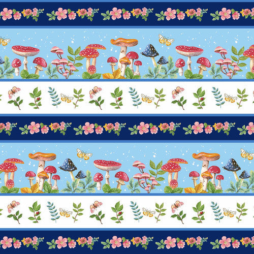 Enchanted Forest Mushrooms Border Stripe Blue Multi Jane Alison Henry Glass Cotton Fabric
