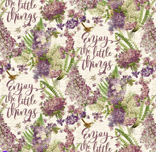 Enjoy the Little Things Floral Purple Bees Birds Multi David Textiles Cotton Fabric