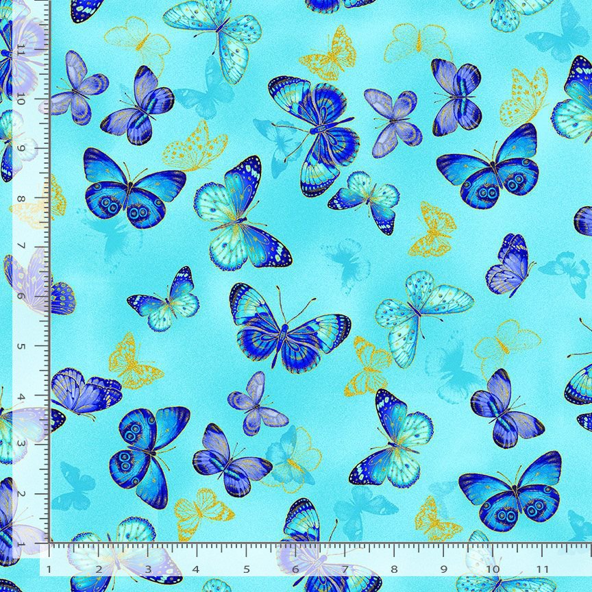 Escapade Butterflies Flying Aqua Metallic Gold Chong-A Hwang Timeless Treasures Cotton Fabric TT-ESCAPADE-CM3796-AQUA