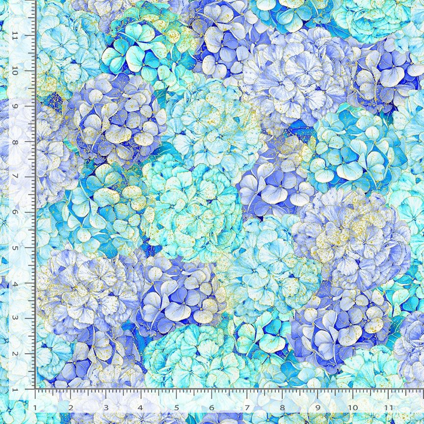 Escapade Packed Hydrangea Blue Metallic Gold Chong-A Hwang Timeless Treasures Cotton Fabric TT-ESCAPADE-CM3794-BLUE