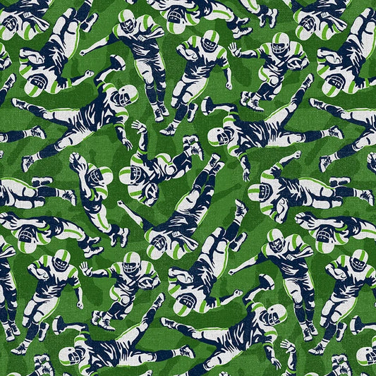 Evergreen Endzone Seattle Football Player Green Blue Paintbrush Studios Cotton Fabric PBS-120-26834