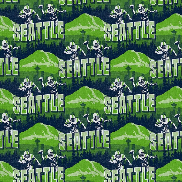 Evergreen Endzone Seattle Football Skyline Green Blue Paintbrush Studios Cotton Fabric PBS-120-26831