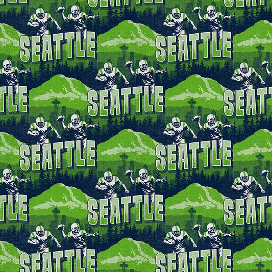 Evergreen Endzone Seattle Football Skyline Green Blue Paintbrush Studios Cotton Fabric PBS-120-26831