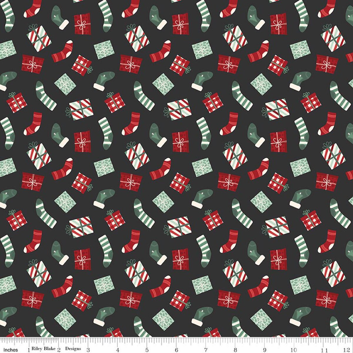 Evergreen Wishes Stockings & Gifts Black Traci Reed Riley Blake Designs Cotton Fabric RB-C17812-BLACK