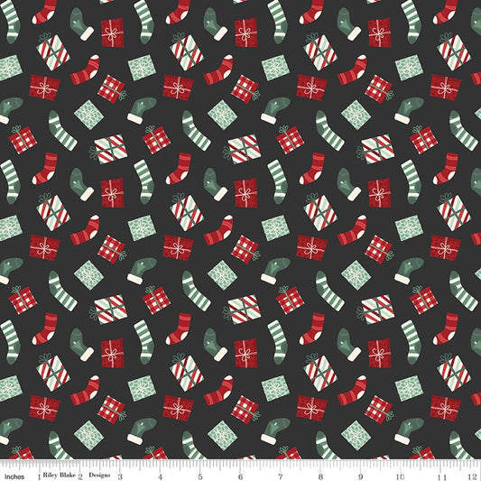 Evergreen Wishes Stockings & Gifts Black Traci Reed Riley Blake Designs Cotton Fabric RB-C17812-BLACK