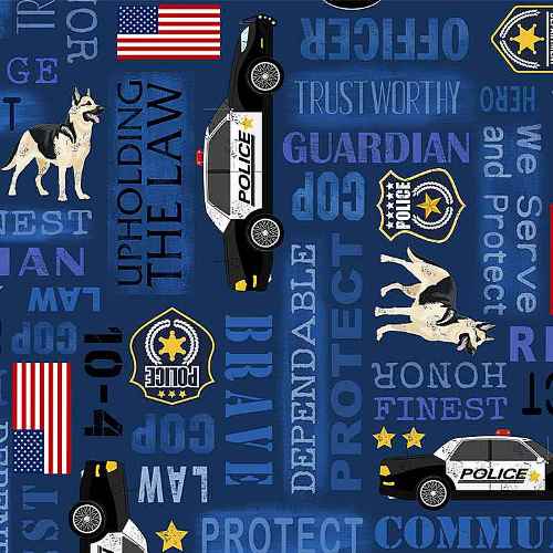 Everyday Heroes Police Words Blue Timeless Treasures Cotton Fabric