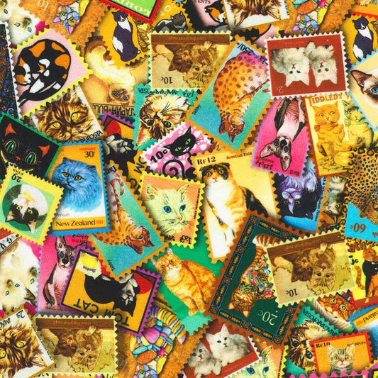 Everyday Favorites Cat Stamps Multi Lewis T. Johnson Robert Kaufman Cotton Fabric RK-AOJD-23928-205