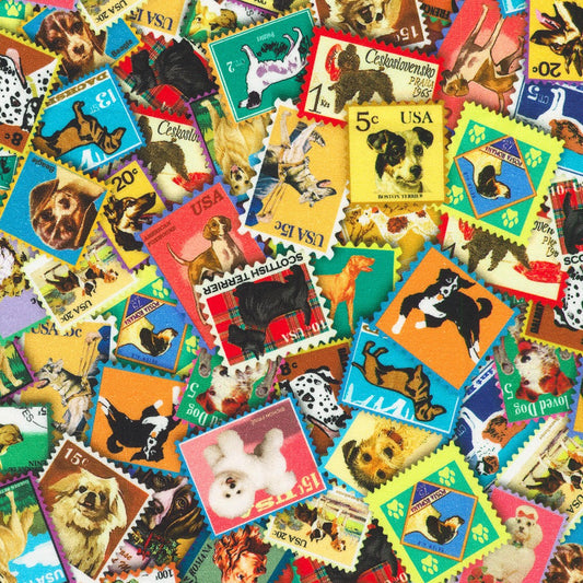 Everyday Favorites Dog Stamps Multi Lewis T. Johnson Robert Kaufman Cotton Fabric RK-AOJD-23929-205