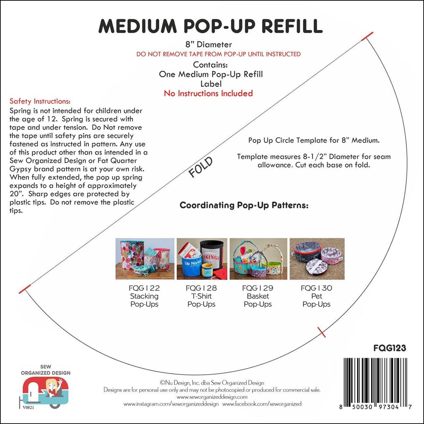 Medium Pop-Ups Refill 8'' Bag/Tote Pattern Joanne Hillestad Sew Organized Designs FQG123