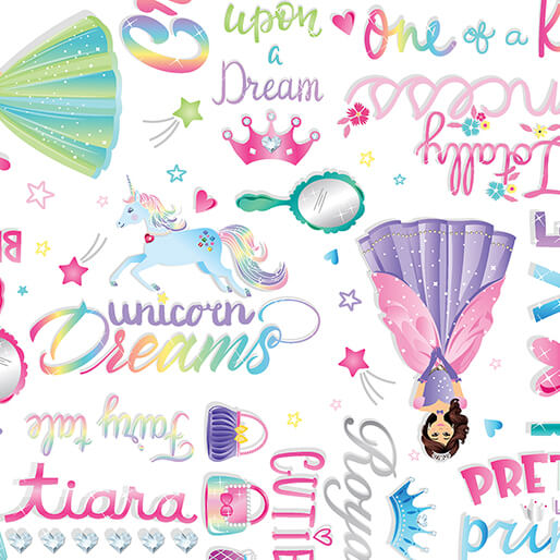 Fairytale Dreams Words White Kanvas Studio Benartex Cotton Fabric