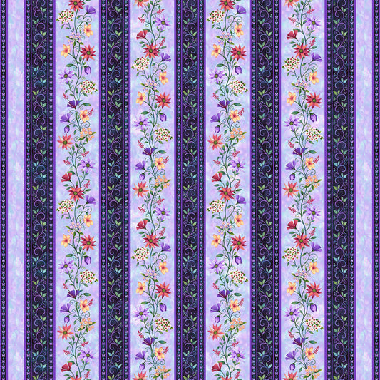 Fairytale Forest Border Stripe Lilac Color Principle Henry Glass Cotton Fabric