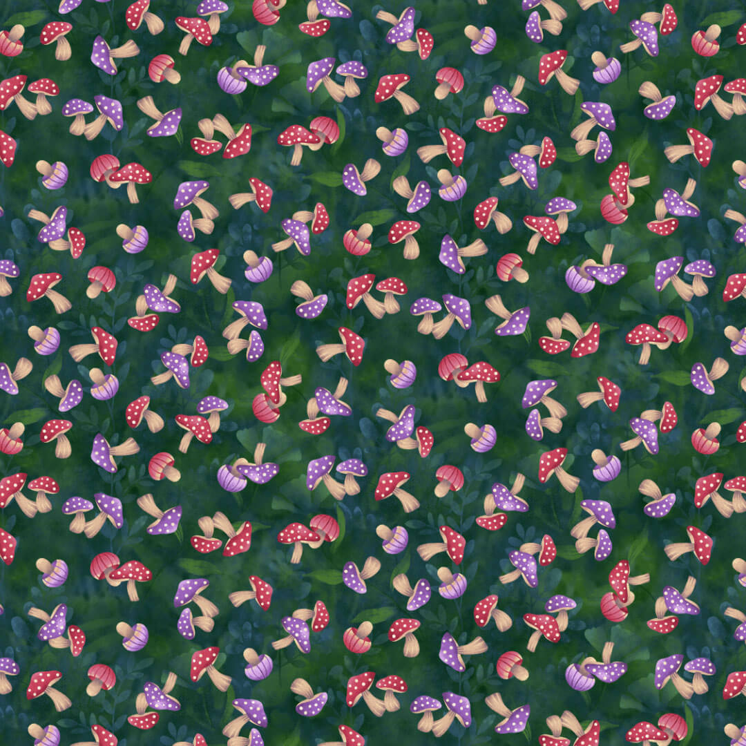 Fairytale Forest Mushrooms Forest Green Color Principle Henry Glass Cotton Fabric | US Fabric Shop