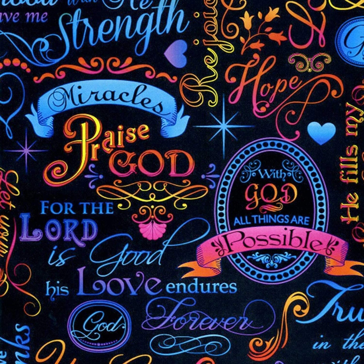 Faith Religious Words Bible Scripture Verses Bright Neon Black Timeless Treasures Cotton Fabric