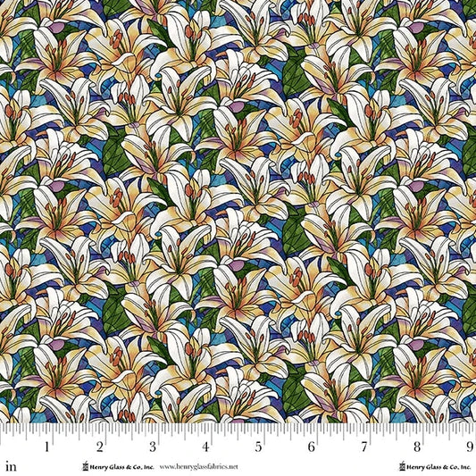 Faith in Full Color Packed Lilies Turquoise White City Art Studio Henry Glass Cotton Fabric HG-2184-70