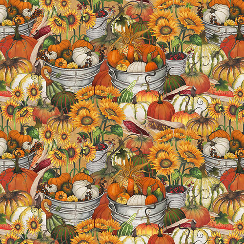 Fall Delight Allover Pumpkins and Sunflowers Elizabeth Medley Blank Quilting Cotton Fabric