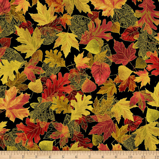 Fall Glory Mixed Fall Leaves Metallic Black Harvest Timeless Treasures Cotton Fabric