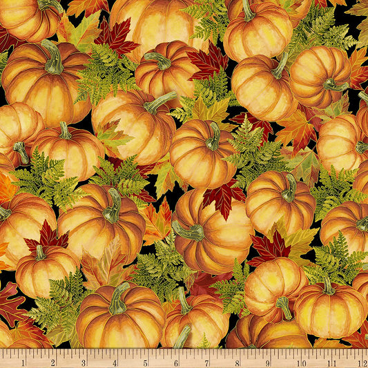 Fall Glory Packed Pumpkins Metallic Black Harvest Timeless Treasures  Cotton Fabric