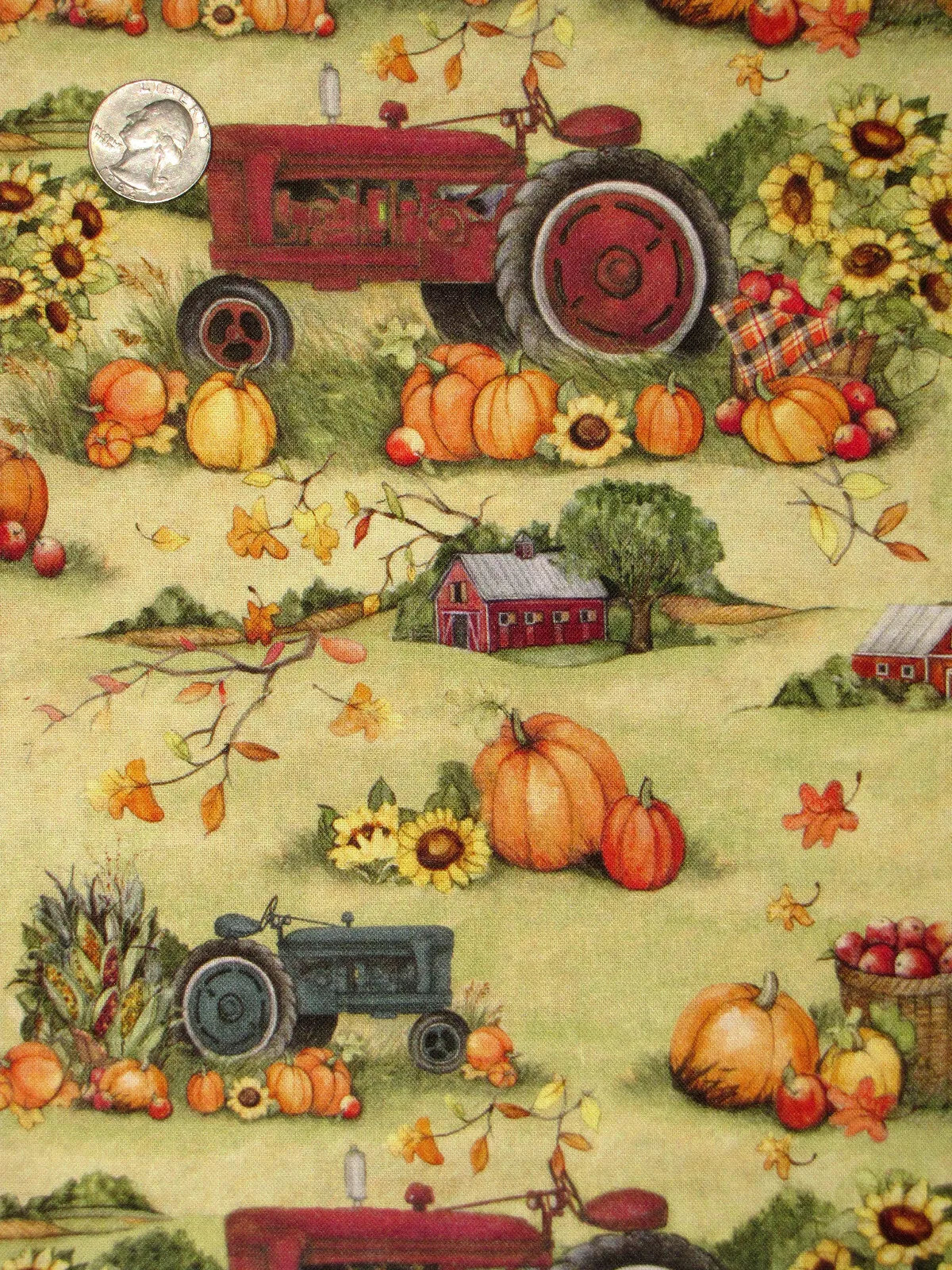 Fall Harvest Tractor Pumpkinins Teal Green Springs Creative Cotton Fabric