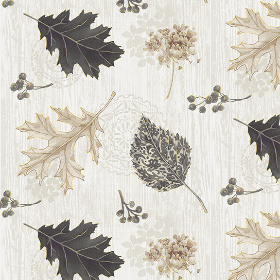 Fall Potpourri Tossed Leaves Metallic Gray Andrea Tachiera Henry Glass Cotton Quilting Fabric