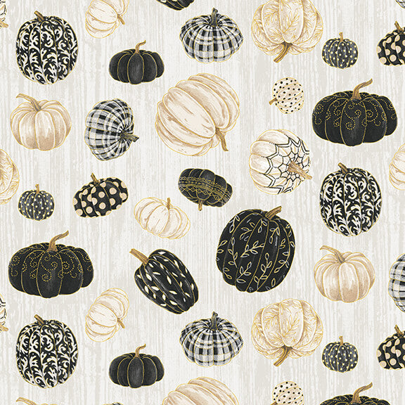 Fall Potpourri Tossed Pumpkins Metallic Gray Andrea Tachiera Henry Glass Cotton Quilting Fabric