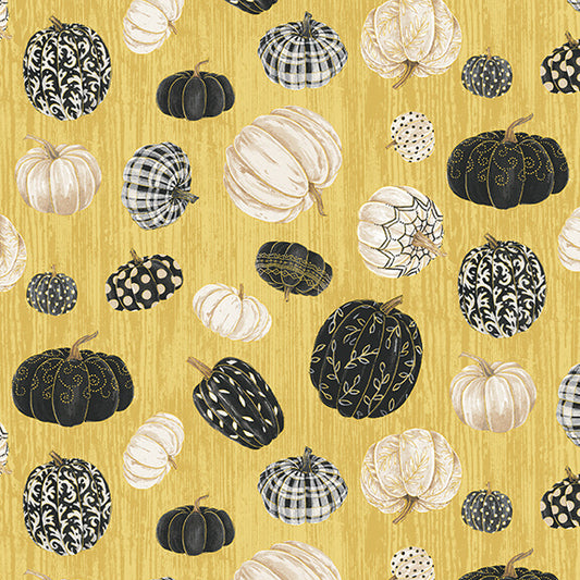 Fall Potpourri Tossed Pumpkins Metallic Mustard Yellow Andrea Tachiera Henry Glass Cotton Quilting Fabric