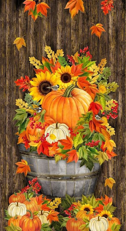 Fall Is The Air Harvest Floral Metallic Panel 24" Brown Timeless Treasures Cotton Fabric