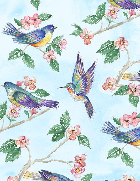 Fanciful Flight Large Birds All Over Blue Lori Siebert Wilmington Prints Cotton Fabric