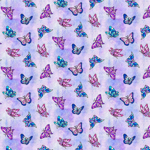 Fancy Glass Stained Glass Butterflies Light Purple Satin Moon Designs Blank Quilting Cotton Fabric