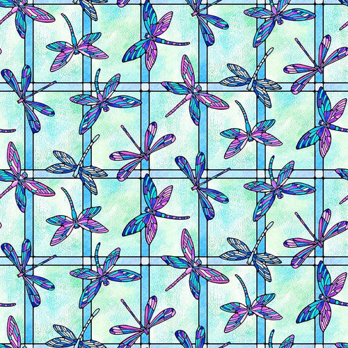 Fancy Glass Stained Glass Dragonflies Aqua Blue Satin Moon Designs Blank Quilting Cotton Fabric