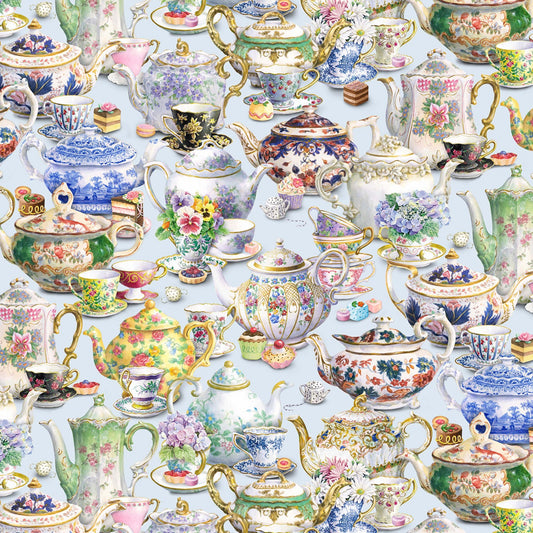 Fancy Tea Teapots Blue Carol Wilson Elizabeth's Studio Cotton Fabric