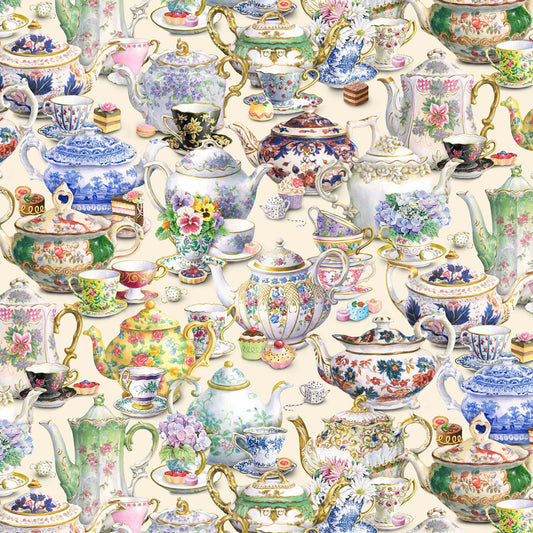 Fancy Tea Teapots Cream Carol Wilson Fine Arts Collections Elizabeth's Studio Cotton Fabric