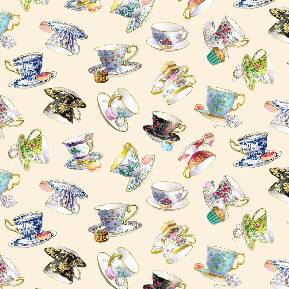 Fancy Tea Tossed Teacups Cream Carol Wilson Elizabeth Studio Cotton Fabric