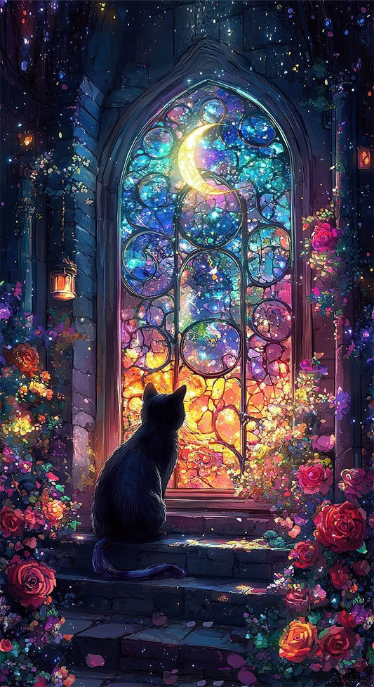 Fantasia Cat Moon Window Floral Panel 24" Timeless Treasures Cotton Fabric TT-PANEL-CD4563-MULTI
