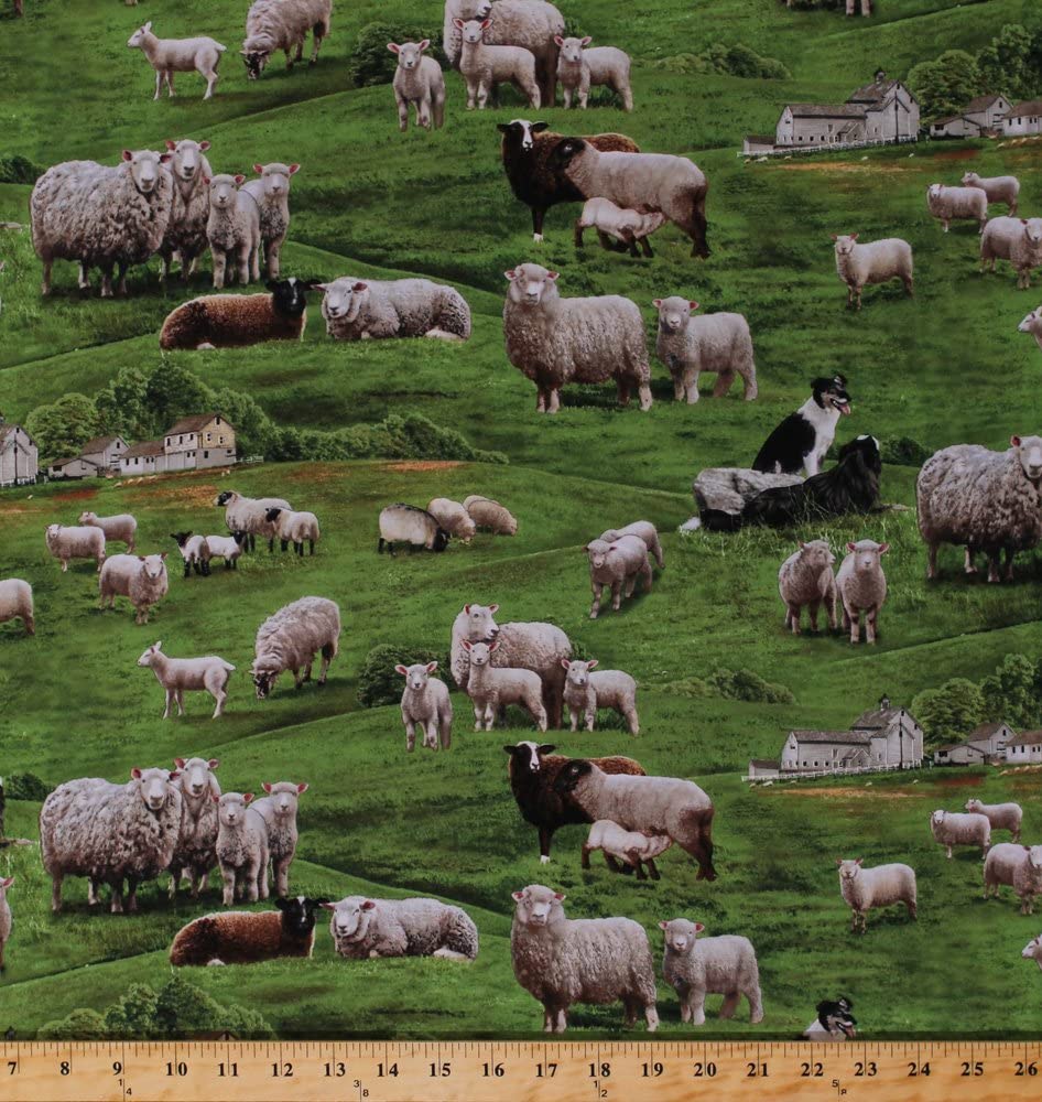 Farm Animals Sheep Herd Collies Dogs Field Pasture Green Elizabeth's Studio Cotton Fabric