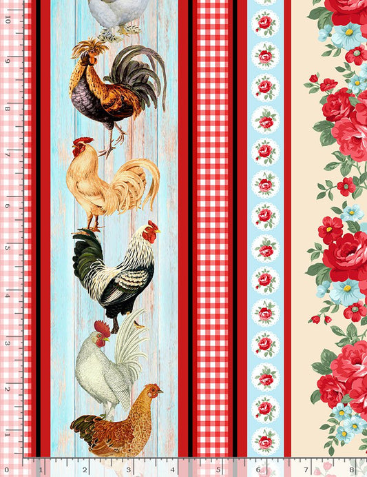 Farm Fresh Chicken Roses Border Stripe Timeless Treasures Cotton Fabric