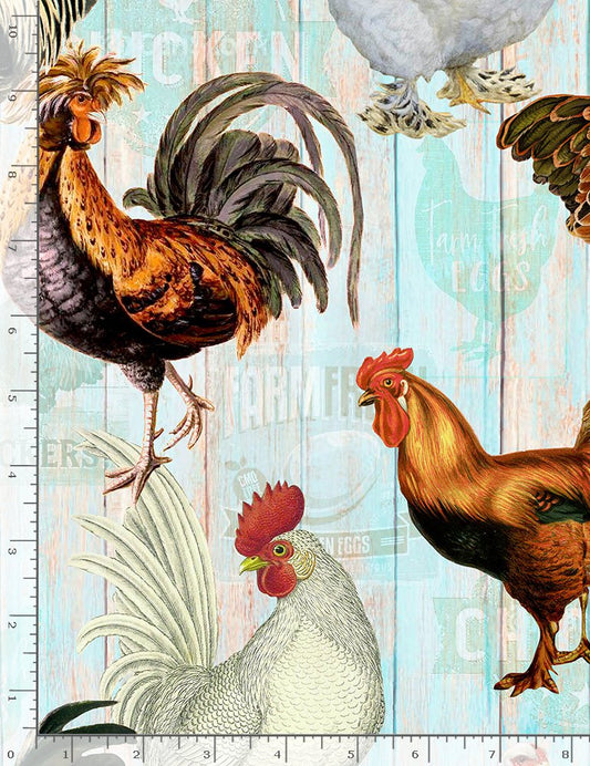 Farm Fresh Chickens Faded Blue Fence Timeless Treasures Cotton Fabric