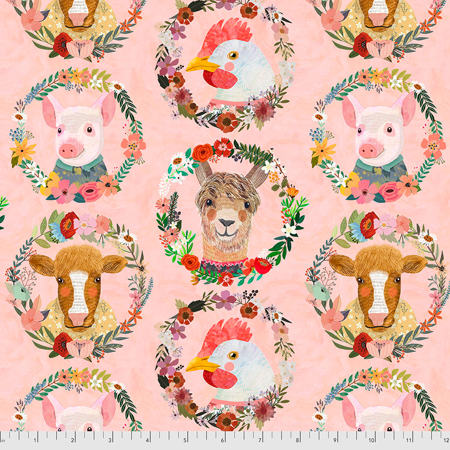 Farm Friends Farm Badges Peach Mia Charro Free Spirit Cotton Fabric | US Fabric Shop
