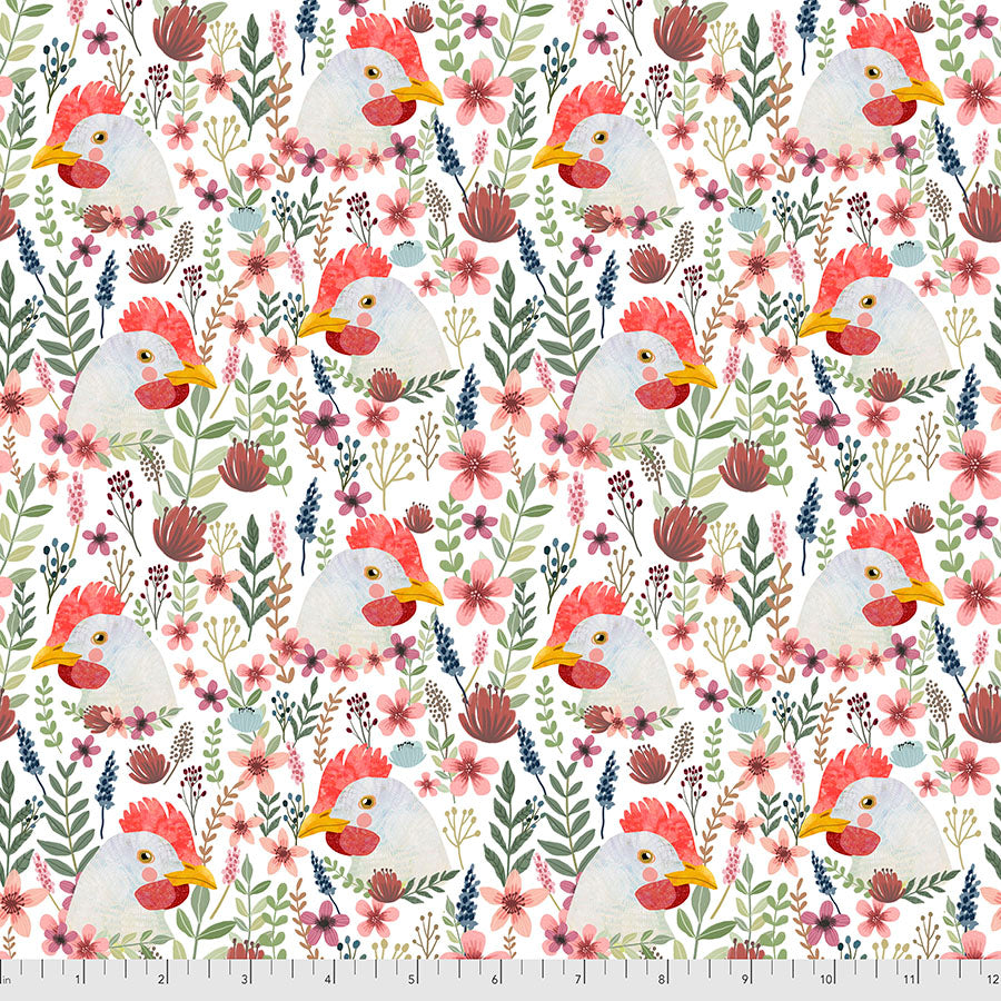 Farm Friends Floral Chicken White Mia Charro Free Spirit Cotton Fabric