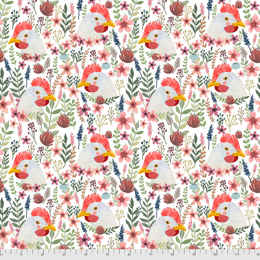 Farm Friends Floral Chicken White Mia Charro Free Spirit Cotton Fabric