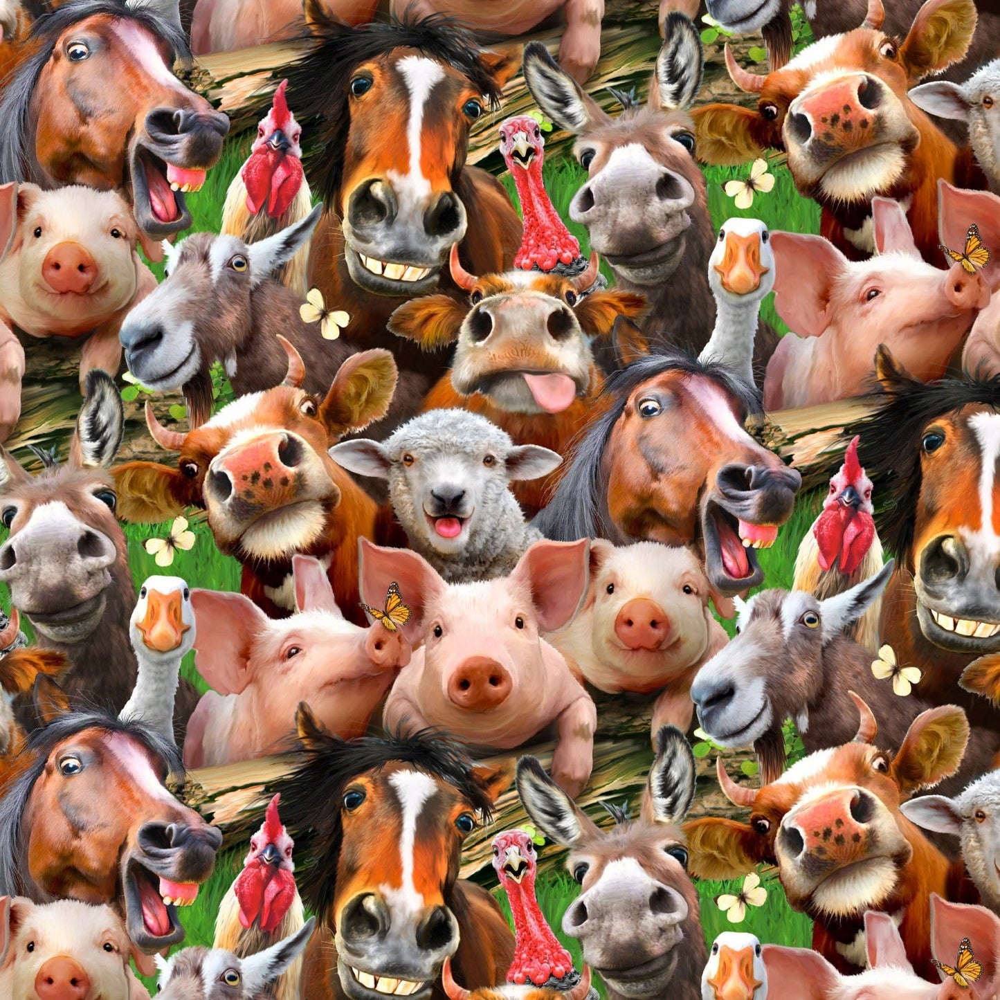 Farm Selfies Allover Animals Green Howard Robinson Elizabeth's Studio Cotton Fabric