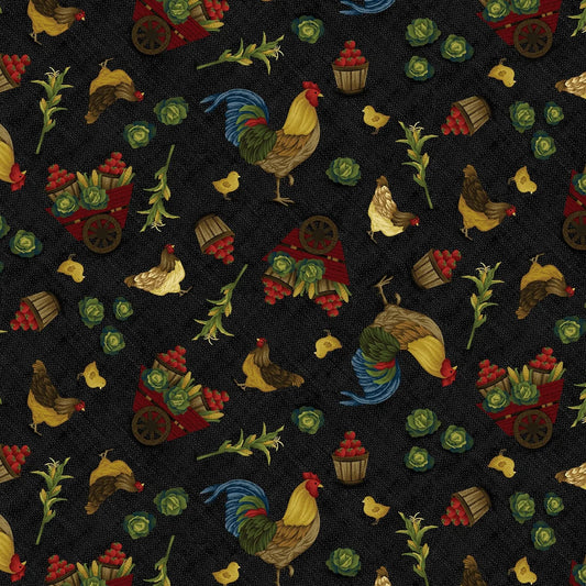 Farm to Market Rooster Toss Black Jan Mott Henry Glass Cotton Fabric