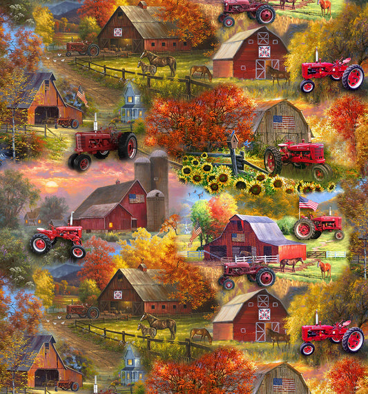 Farmall Patriotic Barns Red Tractor Nature Multi Sykel Cotton Fabric