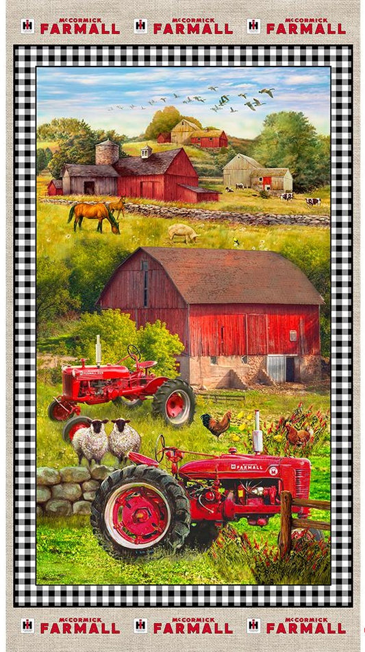 Farmall Tractor Burlap Sweet Farmhouse 24" Panel Quilting Cotton Fabric