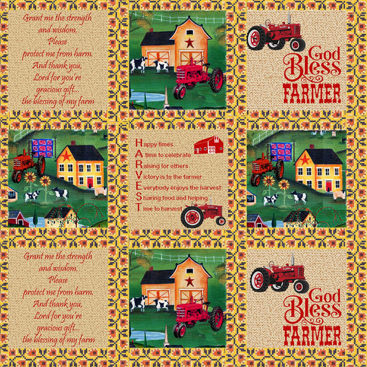 Farmall Tractor Collection Folk Art Sampler 36" Panel Quilting Cotton Fabric