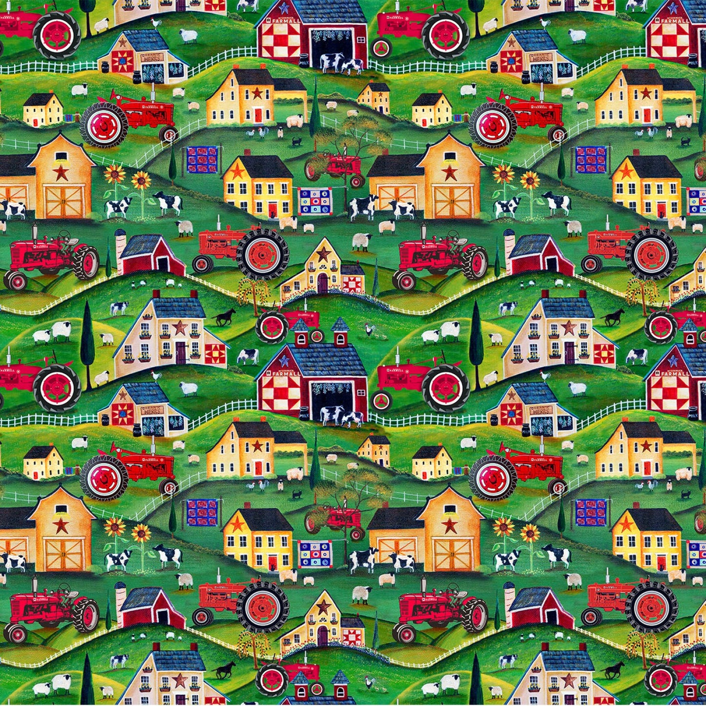 Farmall Tractor Collection Multi Folk Art Scenic Print Concepts Cotton Fabric