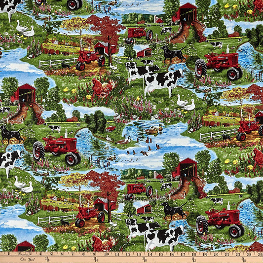 Farmall Country Living Red Tractor Green Fields Design Print Concepts Cotton Fabric