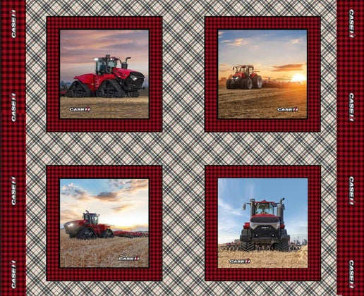 Farmall Case IH Built Farmers Pillow Panel 36" Tractors Blocks Cream Plaid Sykel Enterprises Cotton Fabric SYK-10560